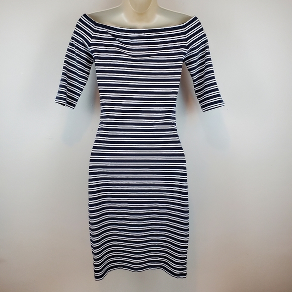 Superdry Bodycon Dress Striped Off the Shoulder Black White Women's Size Small - Picture 3 of 7